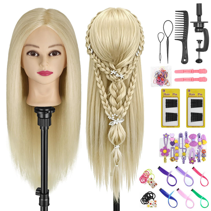 TwoWin Frisierkopf 80% Echthaar, Übungskopf 24 Zoll /60cm Friseurkopf, Trainingskopf für Friseure fü