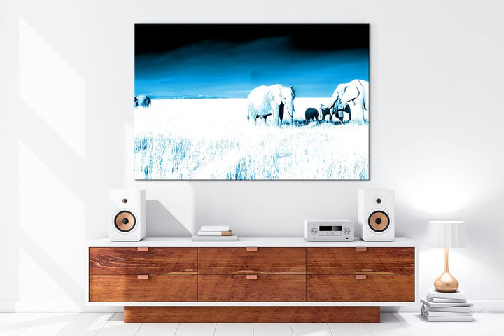 Elefanten in der Steppe von Afrika Format: 80x60 Effekt: Monocrome Blau als Leinwand, Motiv fertig g