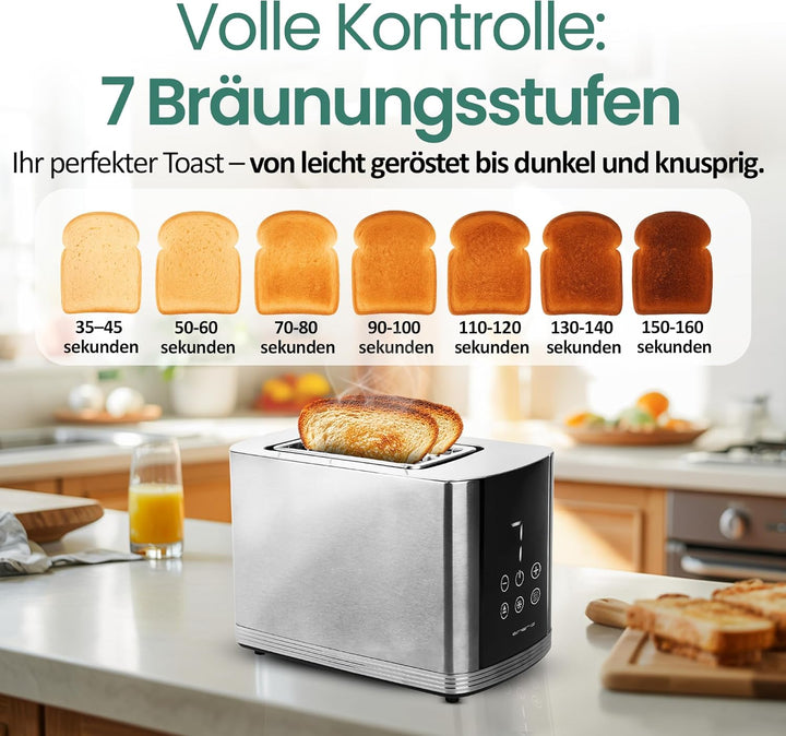 EMERIO Edelstahl Toaster mit grossem Display | 2 Toastschlitze | Zentrierautomatik | Krümelschublade