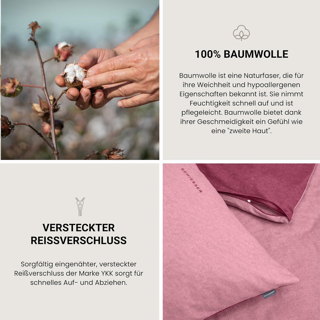 Schiesser Feinbiber Wendebettwäsche Doubleface, 100% Baumwolle, Farbe:Altrosa und Rosenholz, Grösse: