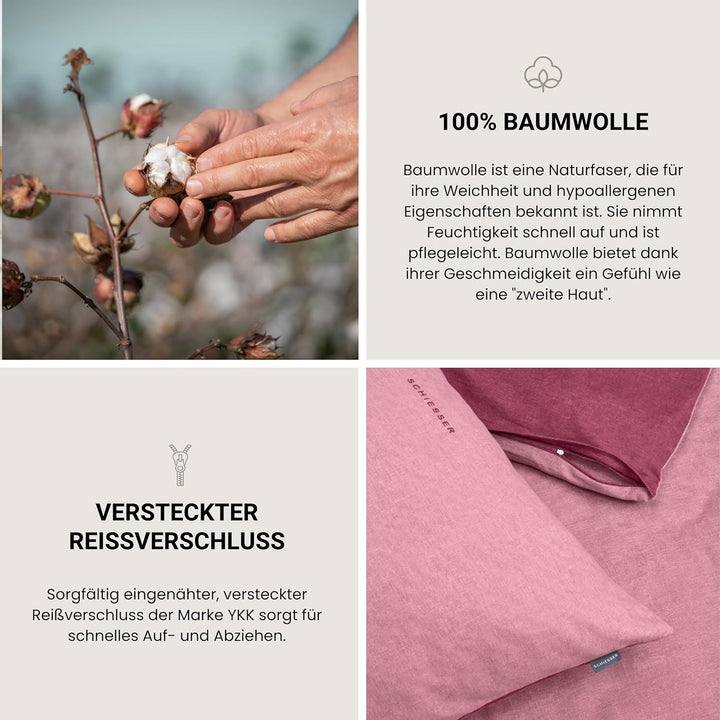 Schiesser Feinbiber Wendebettwäsche Doubleface, 100% Baumwolle, Farbe:Altrosa und Rosenholz, Grösse: