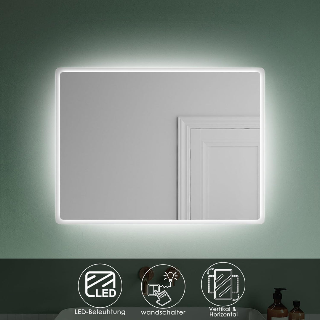 SUNXURY Badspiegel mit Beleuchtung 60 x 80cm WandSchalter Lichtspiegel Horizontale und vertikale Auf