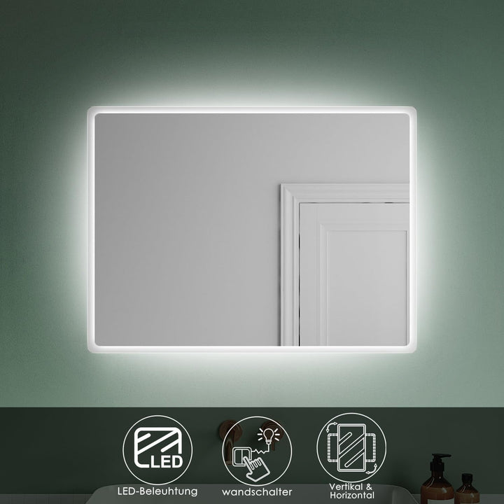 SUNXURY Badspiegel mit Beleuchtung 60 x 80cm WandSchalter Lichtspiegel Horizontale und vertikale Auf
