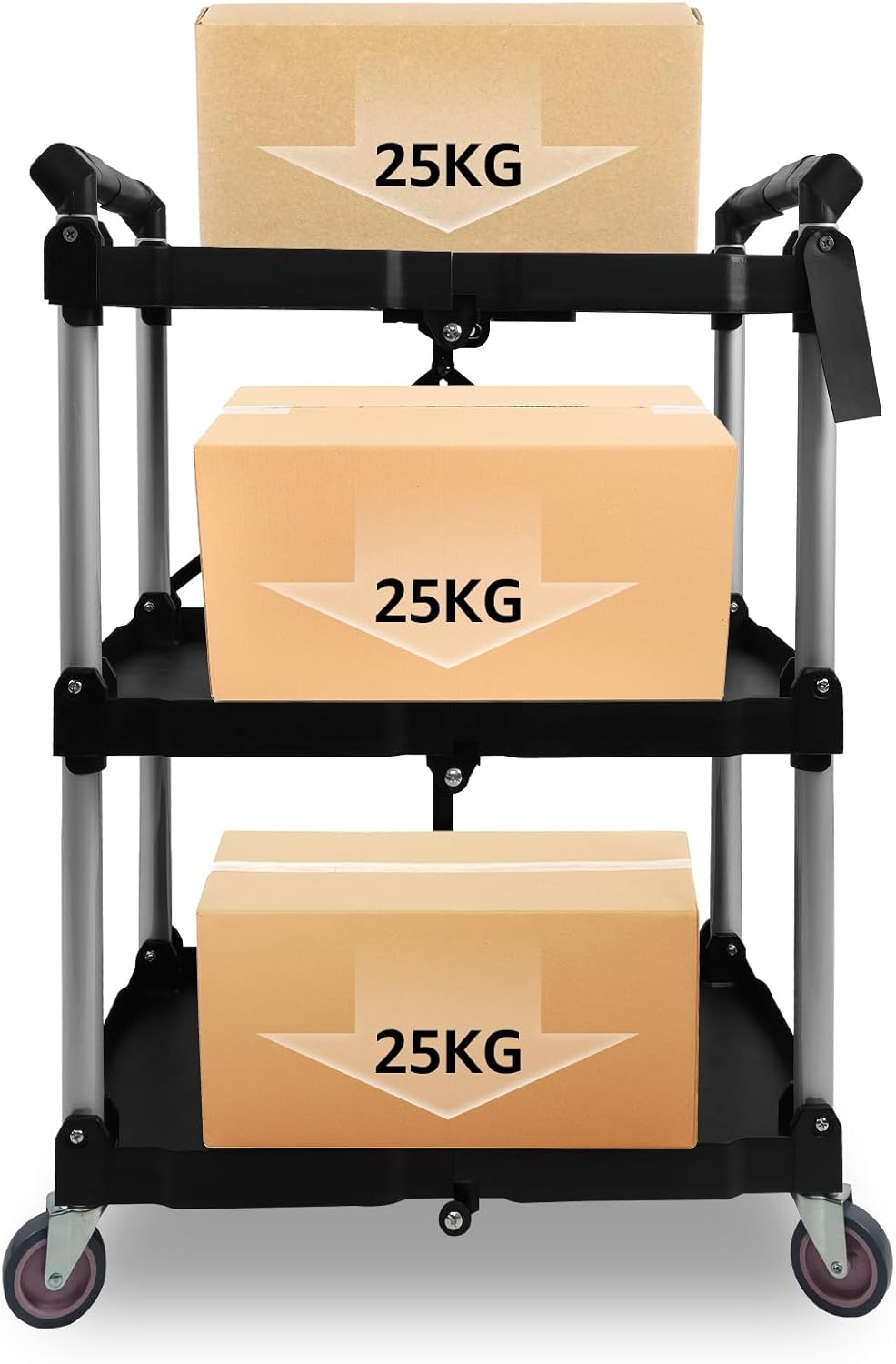 Servierwagen mit Rollen, Klappbar, 62 x 40 x 84cm, Bis zu 75 kg Belastbar, Dreistufiges Faltregal mi