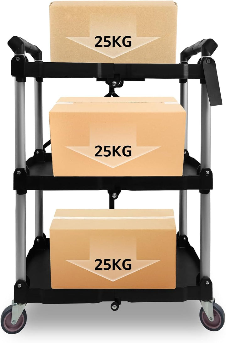 Servierwagen mit Rollen, Klappbar, 62 x 40 x 84cm, Bis zu 75 kg Belastbar, Dreistufiges Faltregal mi