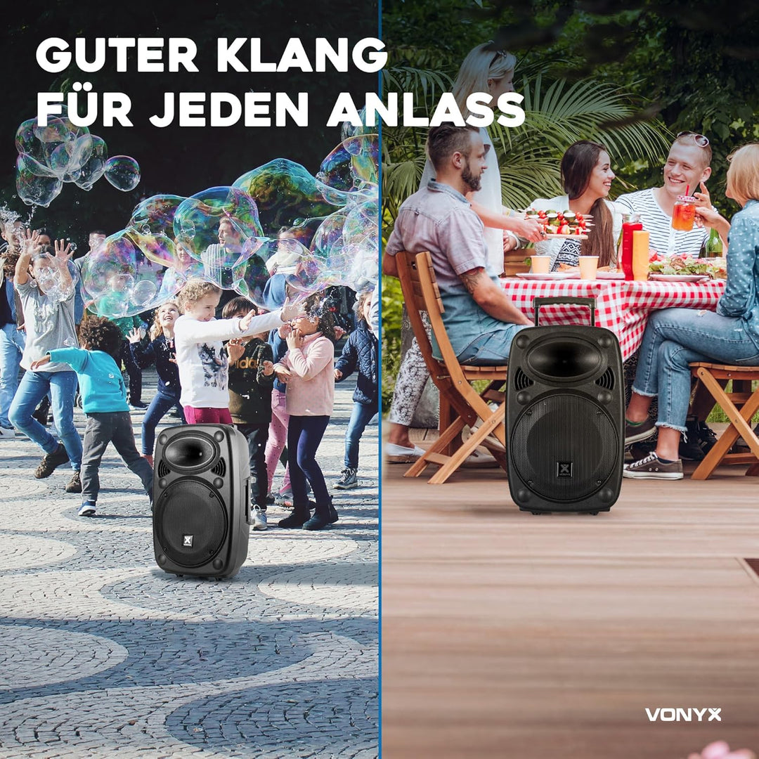 Vonyx Verve38 - Partybox Bluetooth Lautsprecher Gross, Akku, 12 Zoll, 800 Watt, Mobile PA Anlage Kom