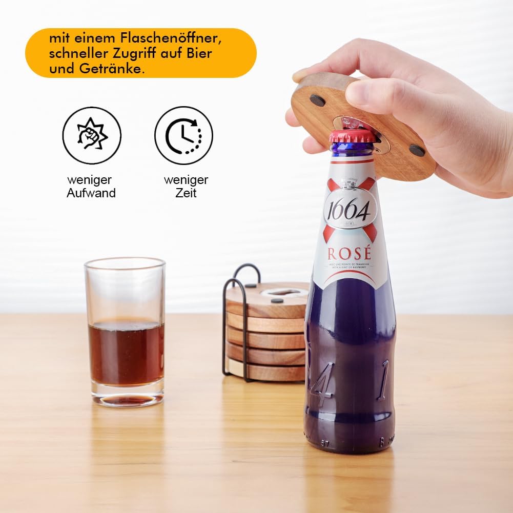 Untersetzer Gläser Holz 6er Set, Glasuntersetzer Holz mit Flaschenöffner, Bierdeckel Untersetzer run