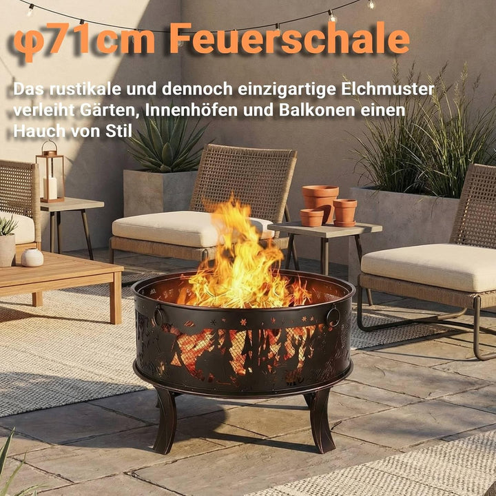 Feuerschalen, Feuerschale mit Funkenschutz, Feuerschale Garten Ø71x65cm, inkl. Poker & Kohlerost, Fe