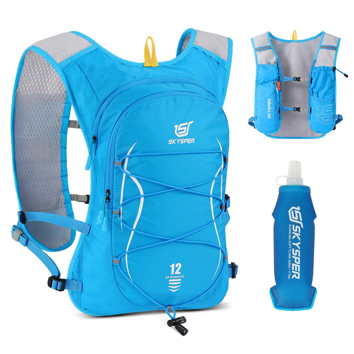 SKYSPER Laufweste für Damen Herren 12L Laufrucksack mit 500ml Trinkflasche Reflektierende Trinkweste