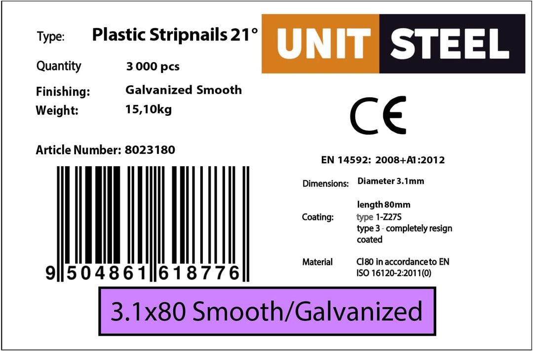 21° Rundkopf Streifennägel, 3,1X80mm, 3.000 stück, Glatt/verzinkt Blank/glatt 3,1X80mm, Blank/glatt