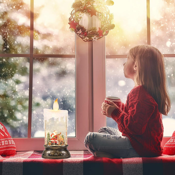 Eldnacele Schneekugel Weihnachtslaterne mit Timer & Musik, fliegendem Weihnachtsmann mit Rentieren,