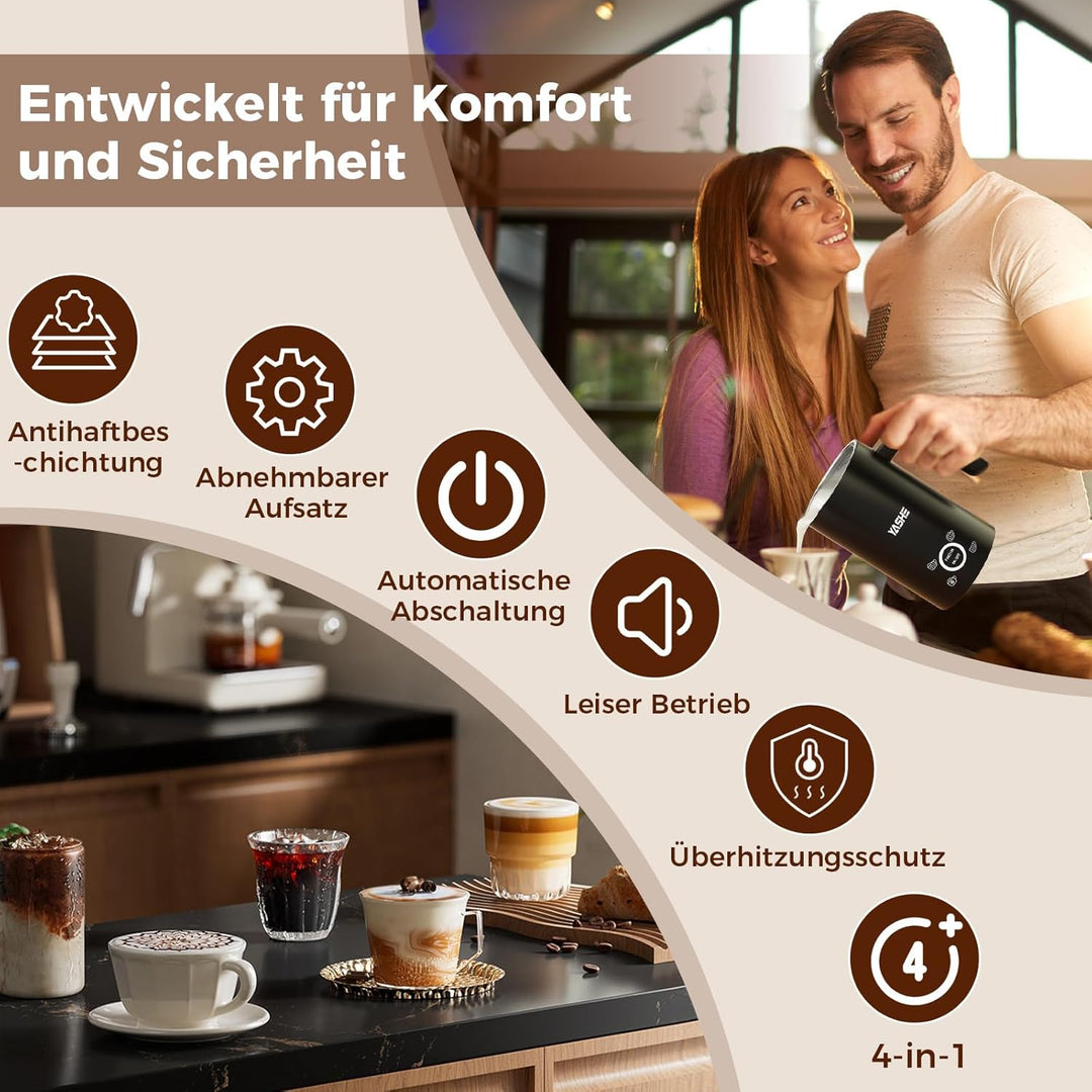 YASHE 4-IN-1 Edelstahl Milchaufschäumer, 10oz/300ml Milchschäumer für Perfekte Lattes, Cappuccinos,