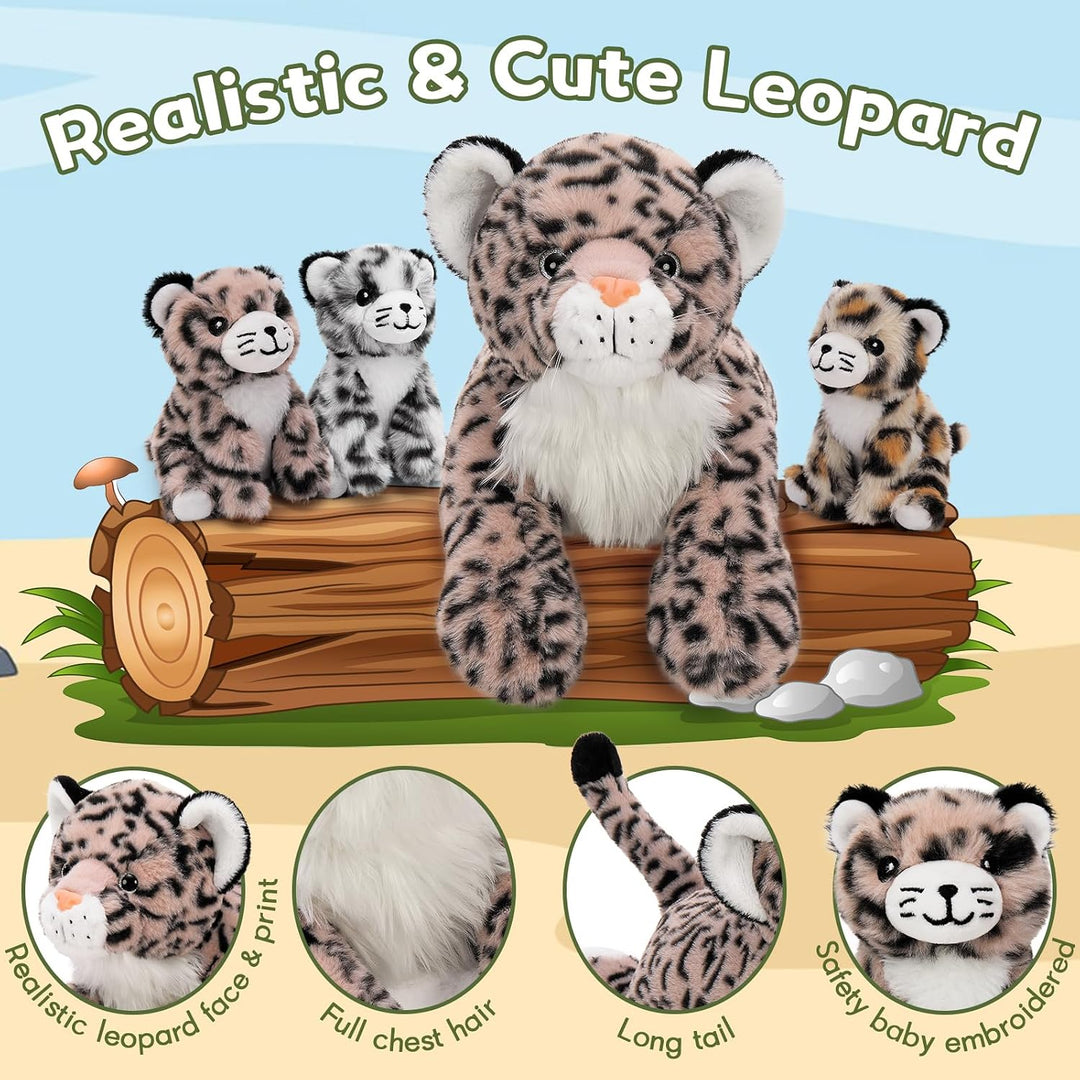MorisMos 45cm riesen Leopardo Kuscheltier XXL mit 3 Baby im Bauch, gross liegend Plüsch Leopard XXL,