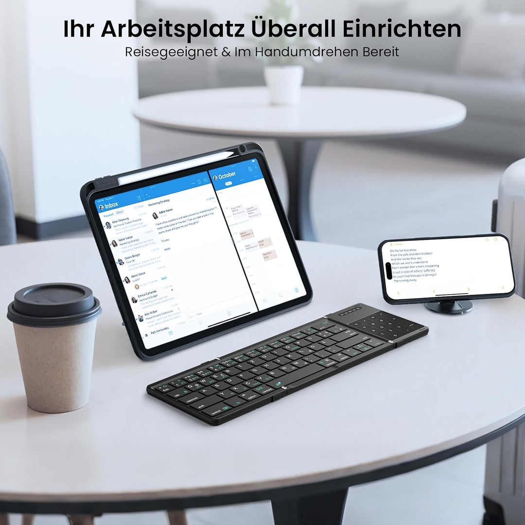Nillkin Faltbare Bluetooth Tastatur mit Touchpad, Wiederaufladbare QWERTZ-Klapptastatur mit Ziffernb