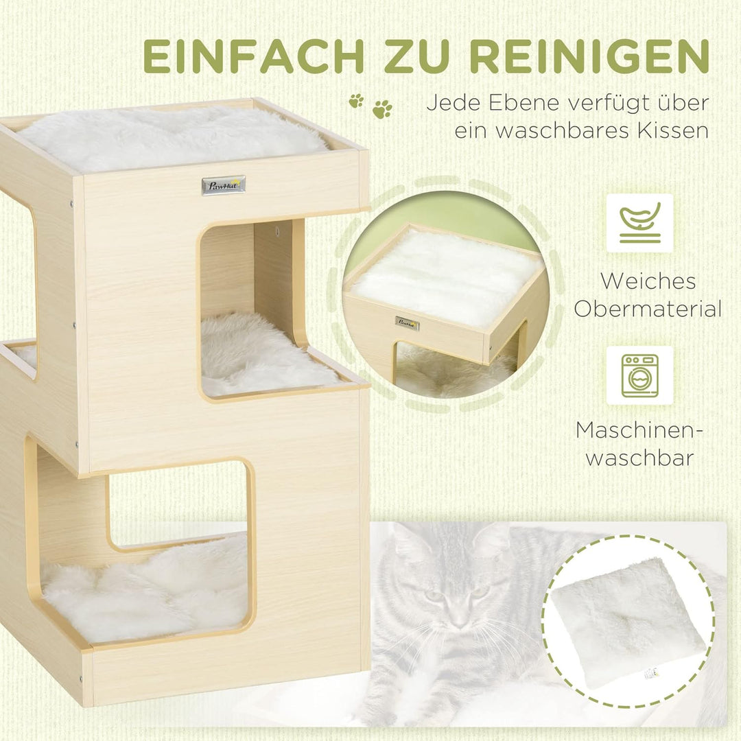 PawHut Katzenhöhle Katzenbett 3-stufiges Katzenhaus mit Kissen, Katzenzelt Haustierhaus Eiche 34 x 3