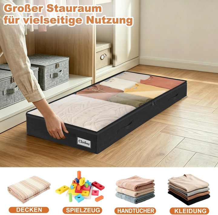 4 Stück Unterbett Aufbewahrungsbox,10cm hoch Unterbettkommode mit klarem Deckel, Faltbare Kleiderauf