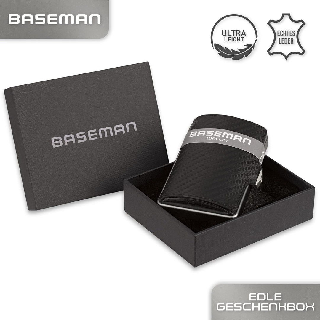 BASEMAN® Kreditkartenetui mit Münzfach I das Slim-Wallet aus Aluminium & Echtleder I Kartenetui für