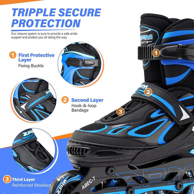 2PM SPORTS Verstellbar Inliner für Kinder, Leucht Inline Skates Rollschuhe für Damen/Herren Blau X-L