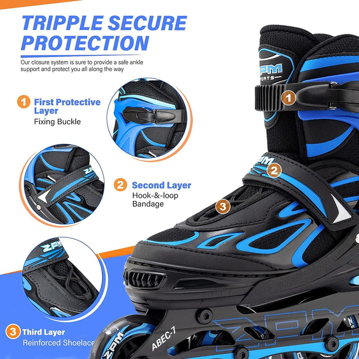 2PM SPORTS Verstellbar Inliner für Kinder, Leucht Inline Skates Rollschuhe für Damen/Herren Blau Med