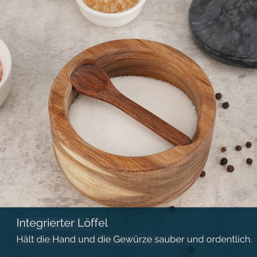 KITCHENDAO Grosse Holz-Salzbox mit integriertem Servierlöffel, Salzkeller, Gewürzbehälter, schwarzer