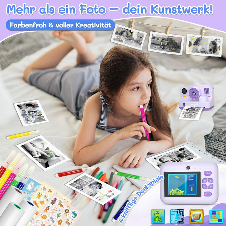 Kinderkamera Sofortbildkamera, 1080P Sofortbildkamera Kinder mit 32GB Karte & 3 Rollen Druckpapier,