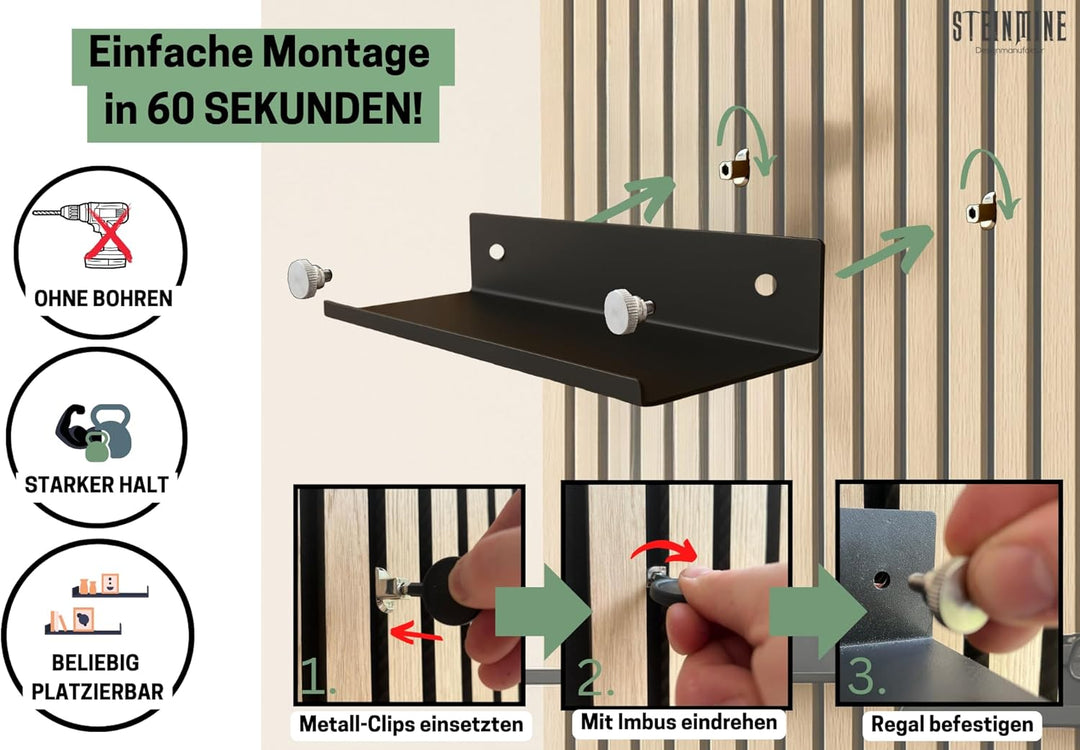 Steinmine - Designmanufaktur Wandregal Metall schwarz matt – Metallverschraubung - kein Bohren – Zub