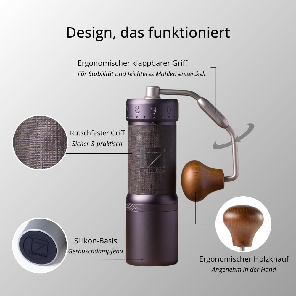 1Zpresso J-Ultra Manuelle Kaffeemühle Eisen Grau, Konisches Mahlwerk, Klappgriff, Magnetischer Auffa