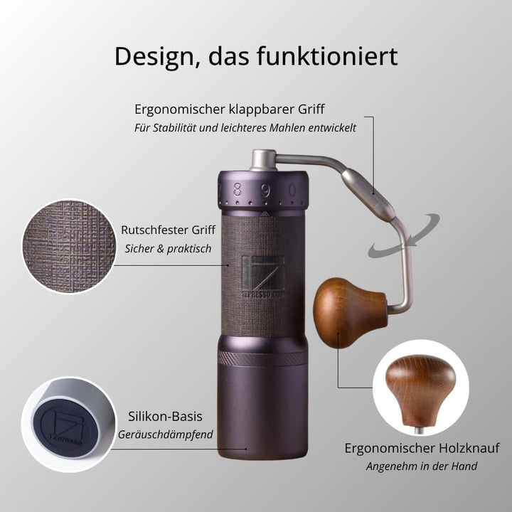 1Zpresso J-Ultra Manuelle Kaffeemühle Eisen Grau, Konisches Mahlwerk, Klappgriff, Magnetischer Auffa