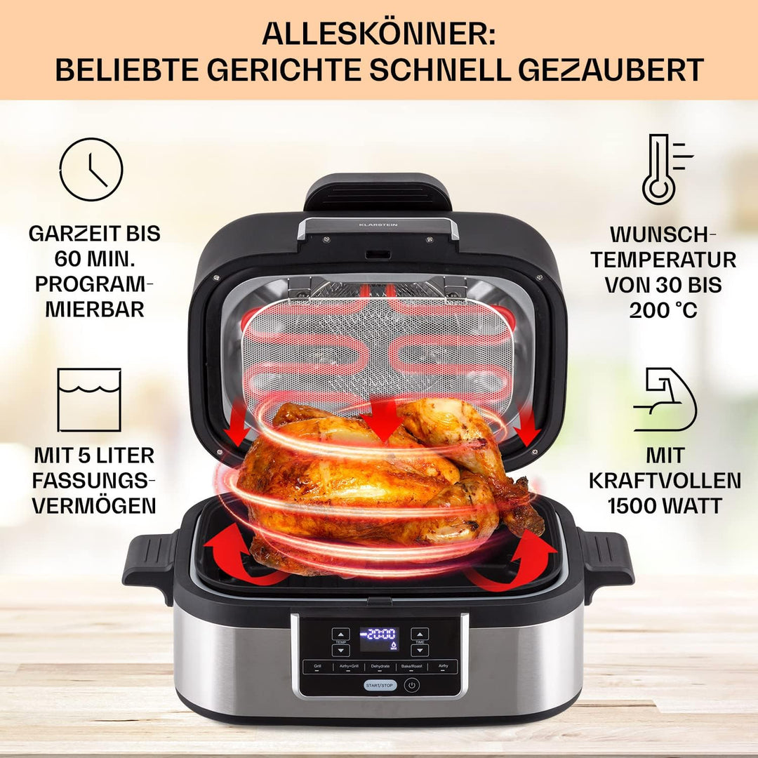 Klarstein 2-in-1 Heissluftfritteuse mit Grill, Airfryer mit Schnellaufheizung 1500W, XL Heissluftfri
