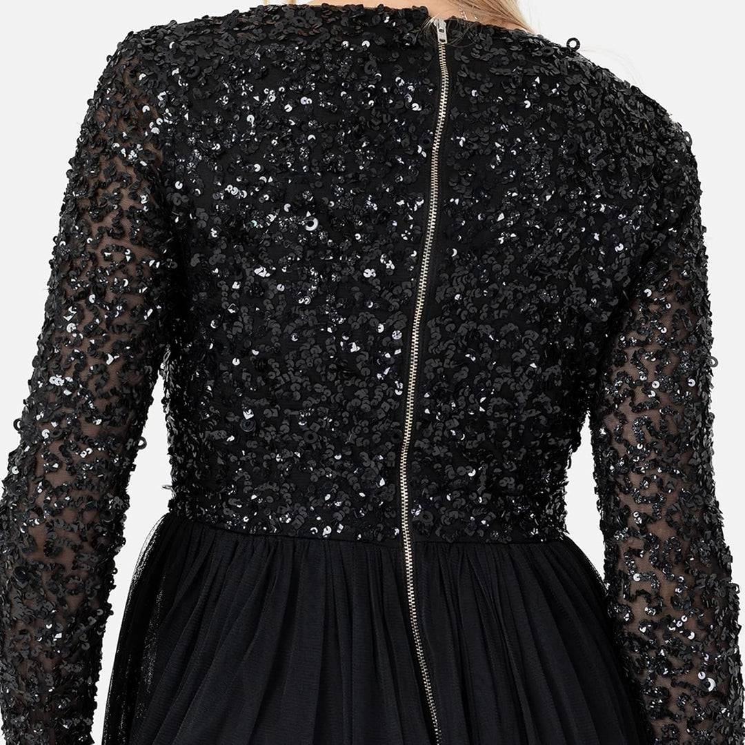 Maya Deluxe Damen Ladies Maxi Dress Women with Long Sleeves V Neckline Plunging Sequin Embellished f