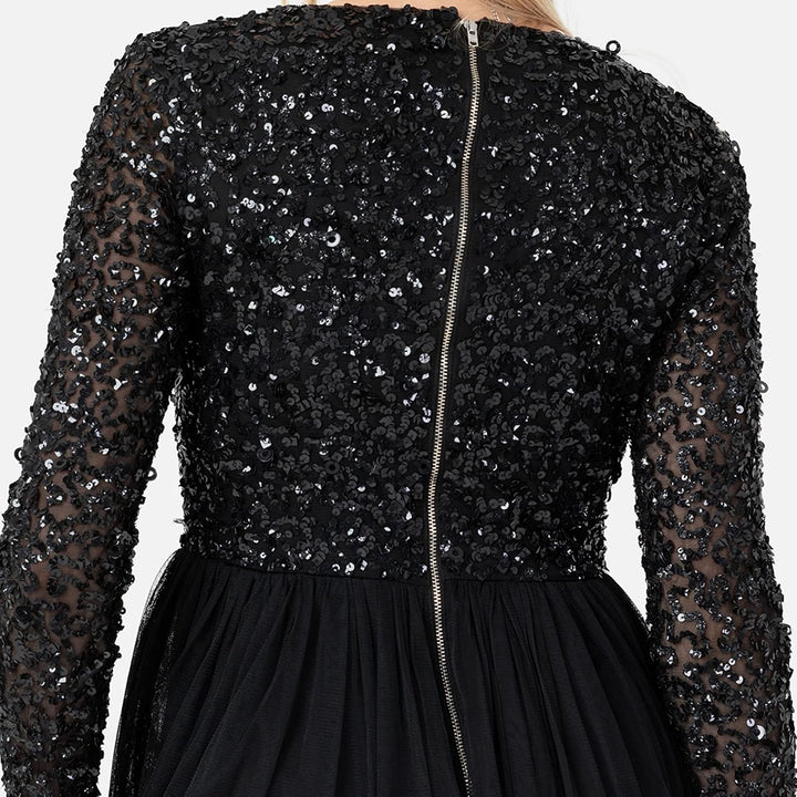 Maya Deluxe Damen Ladies Maxi Dress Women with Long Sleeves V Neckline Plunging Sequin Embellished f