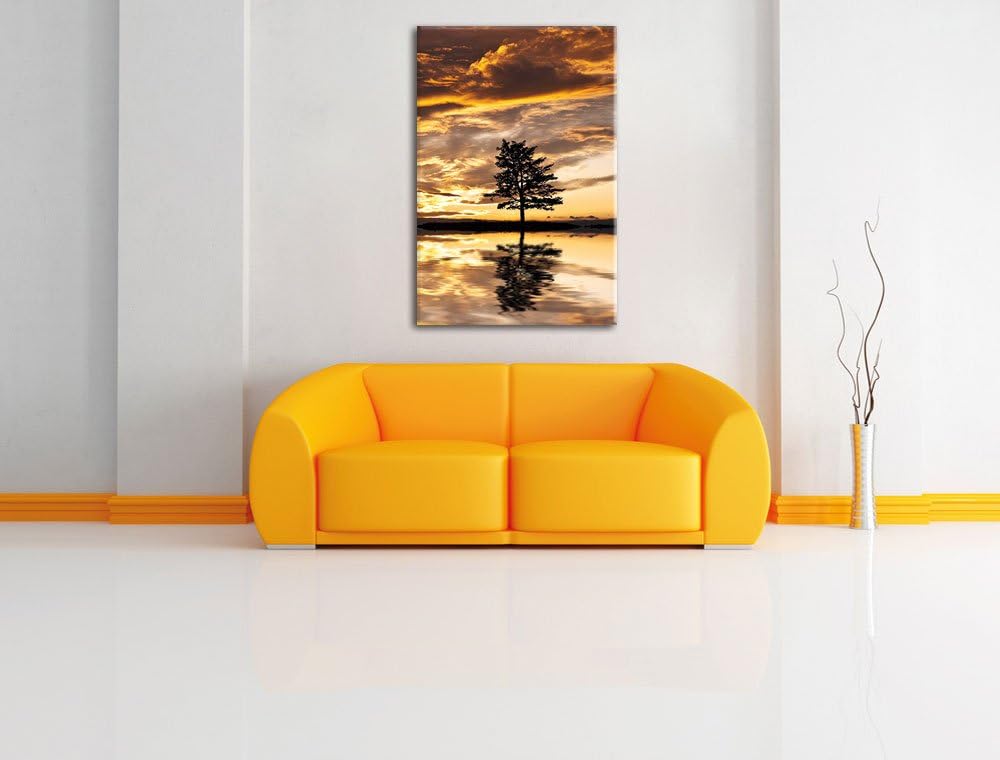 Pixxprint Insel im Meer Baum Sonnenaufgang Steine, Format: 100x70 auf Leinwand, 100x70