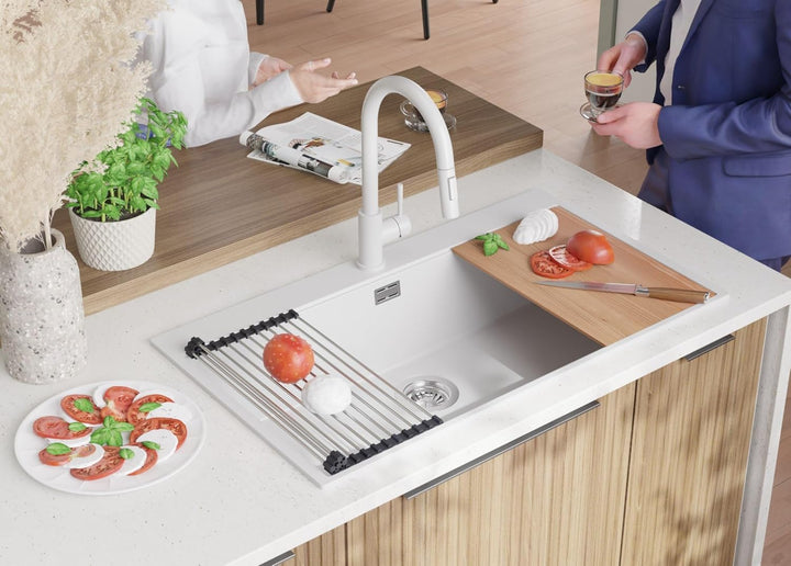 Granitspüle Weiss 90x50 cm, Spülbecken + Ablauf-Set + Küchenarmatur 9000, Küchenspüle für 90er Unter