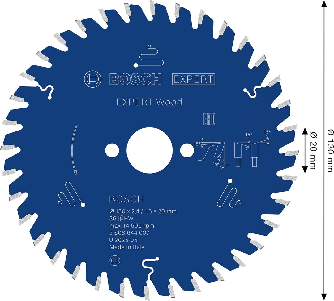 Bosch Professional 1x Kreissägeblatt Expert for Wood (Holz, Sägeblatt Ø 130 x 20 x 2,4 mm, 36 Zähne,