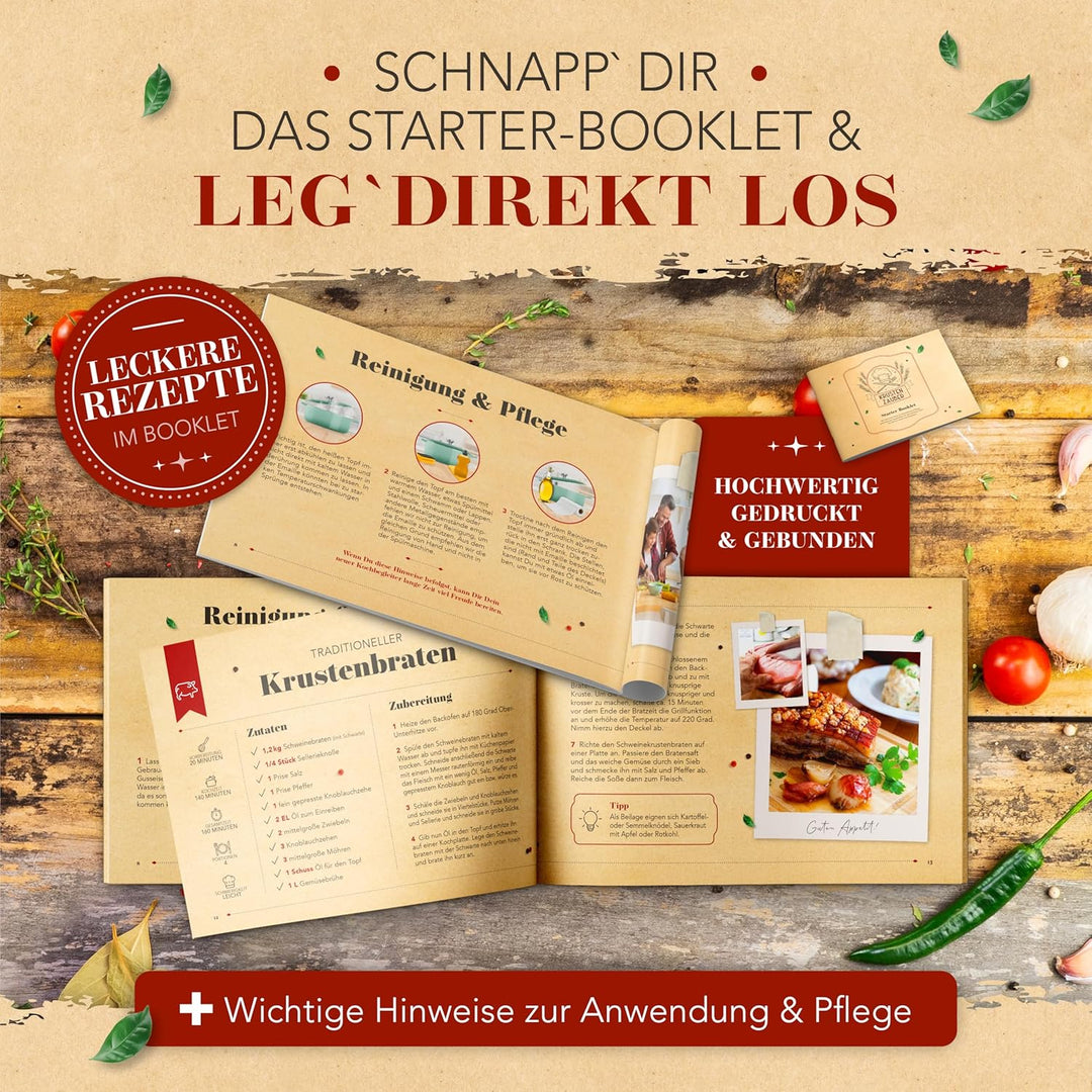 KRUSTENZAUBER Gusseisen Topf [inkl. Fleischgabel] - Hochwertiger 24cm Schmortopf backofengeeignet -