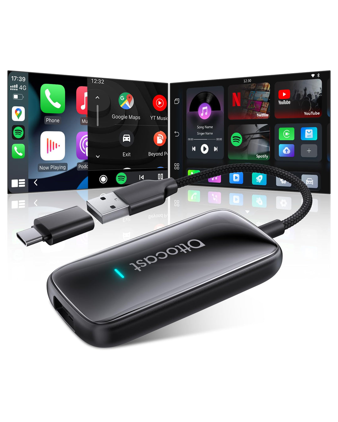OTTOCAST Play2video Ultra 2026, Kabelloser CarPlay & Android Auto Adapter mit App Hub & YouTube, Plu