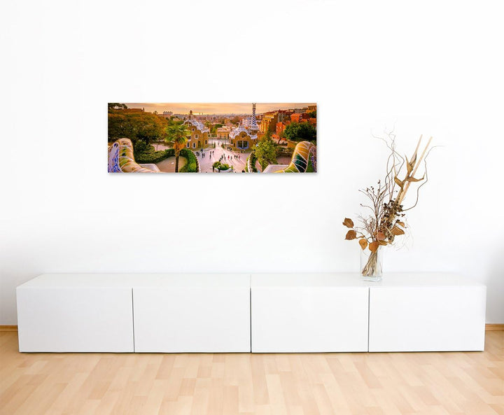 Sinus Art XXL Panoramabild 150x50cm Landschaftsfotografie – Park Guell in Barcelona, Spanien, 150x50