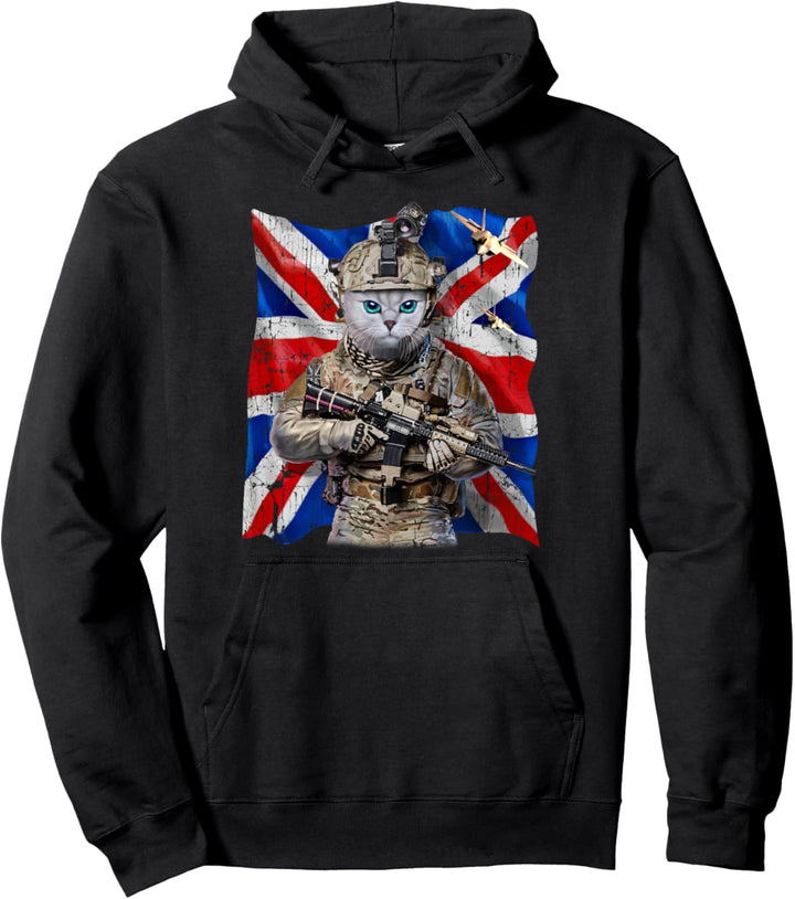 Weisse Katze als Infanterist mit Union Jack Pullover Hoodie