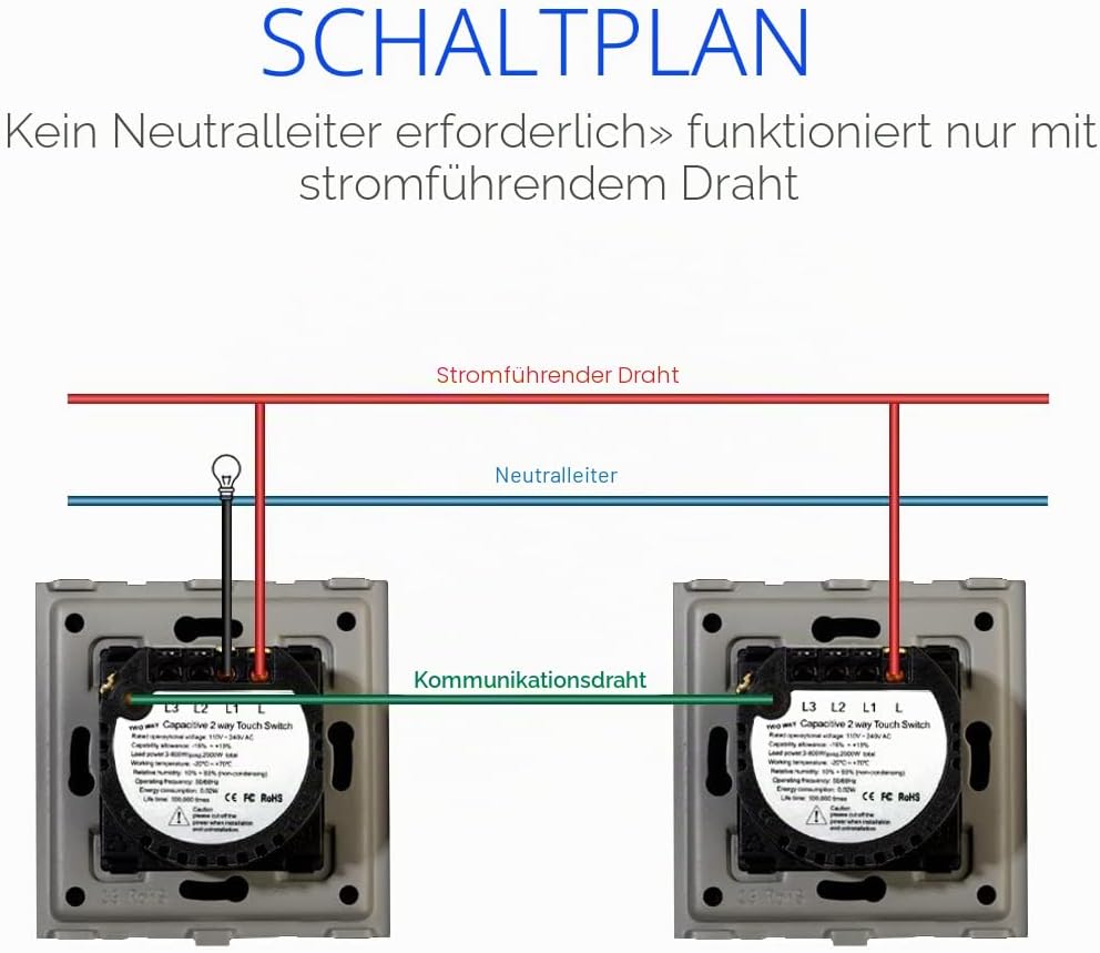 2er-Pack CNBINGO Wechselschalter unterputz - Touch Lichtschalter einfach - Wandschalter Weiss - Berü