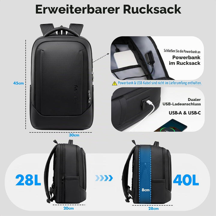 hk Business Laptop Rucksack Herren 16 Zoll Erweiterbarer 28L-40L Reiserucksack mit USB Ladeanschluss