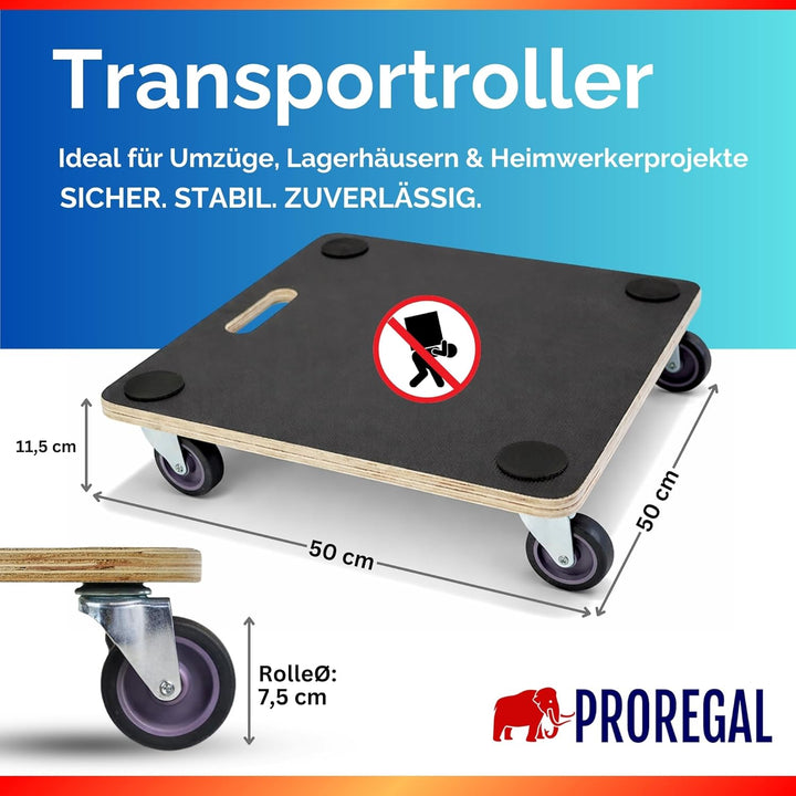 PROREGAL Profi Transportroller HERCULES 50x50 cm Schwerlast bis 150 kg mit 4 Gummirollen & Griff, Si
