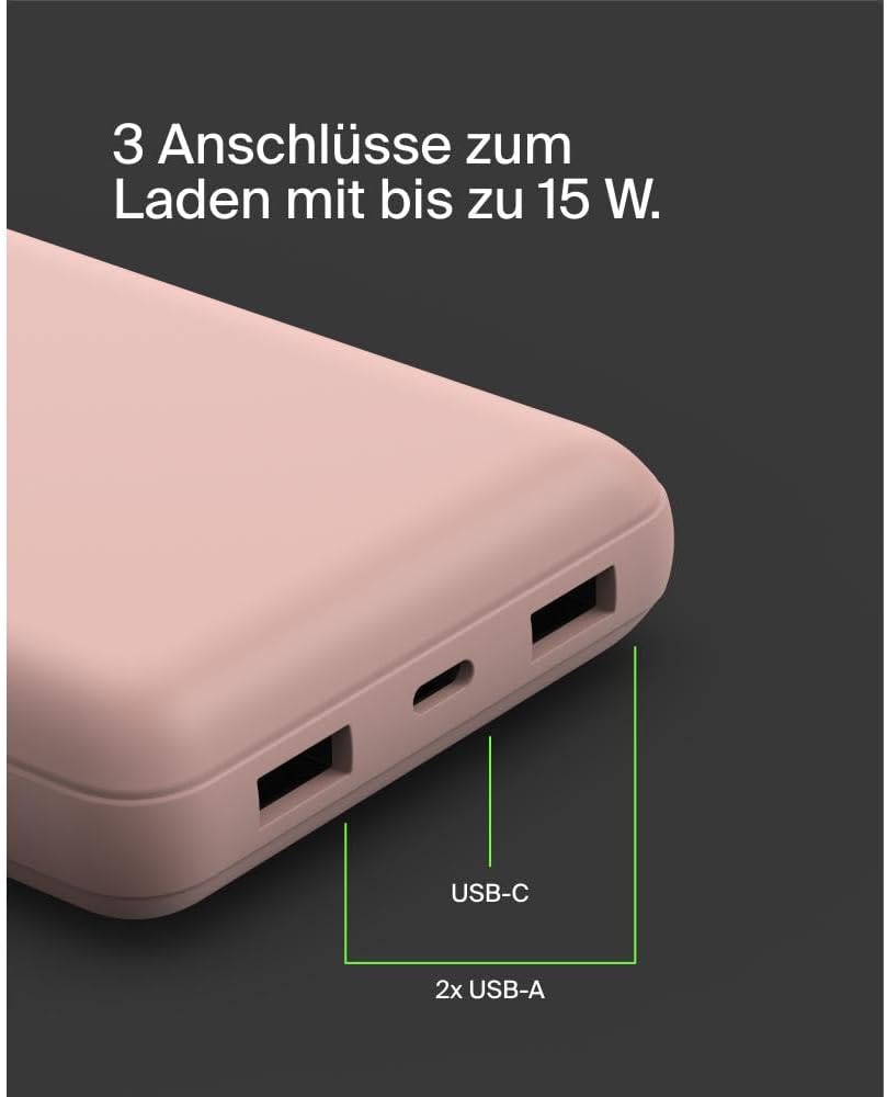 Belkin tragbares USB-C-Ladegerät, 20.000 mAh, 20K Powerbank mit USB-C-Ein-/Ausgang und 2 USB-A-Ansch