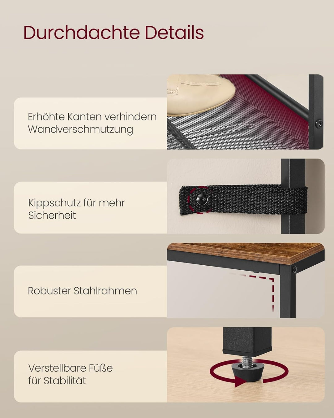 VASAGLE Schuhregal, Schuhablage, 3 Ebenen, grosse Oberfläche, verstellbare Gitterablagen, platzspare