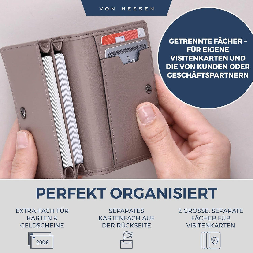VON HEESEN® Visitenkartenetui Leder mit RFID-Schutz - Platz für 50 Visitenkarten - 6 Fächer - Visite