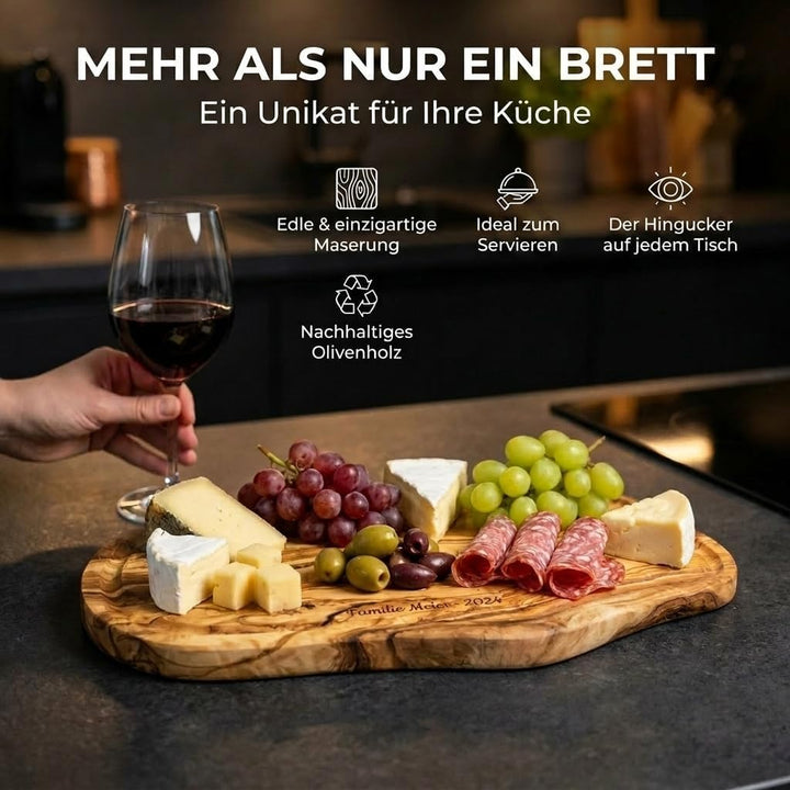 Schneidebrett personalisiert, Olivenholz - Rustikales Holzbrett mit Gravur und umlaufender Saftrille