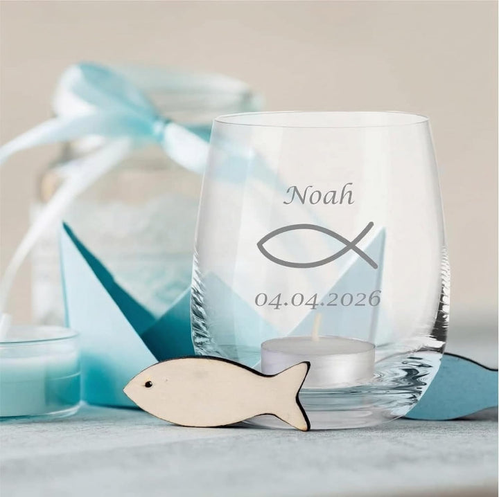 4you DESIGN 6-er Glas Fisch mit Gravur Datum und Name zur Konfirmation, Firmung, Kommunion oder Juge