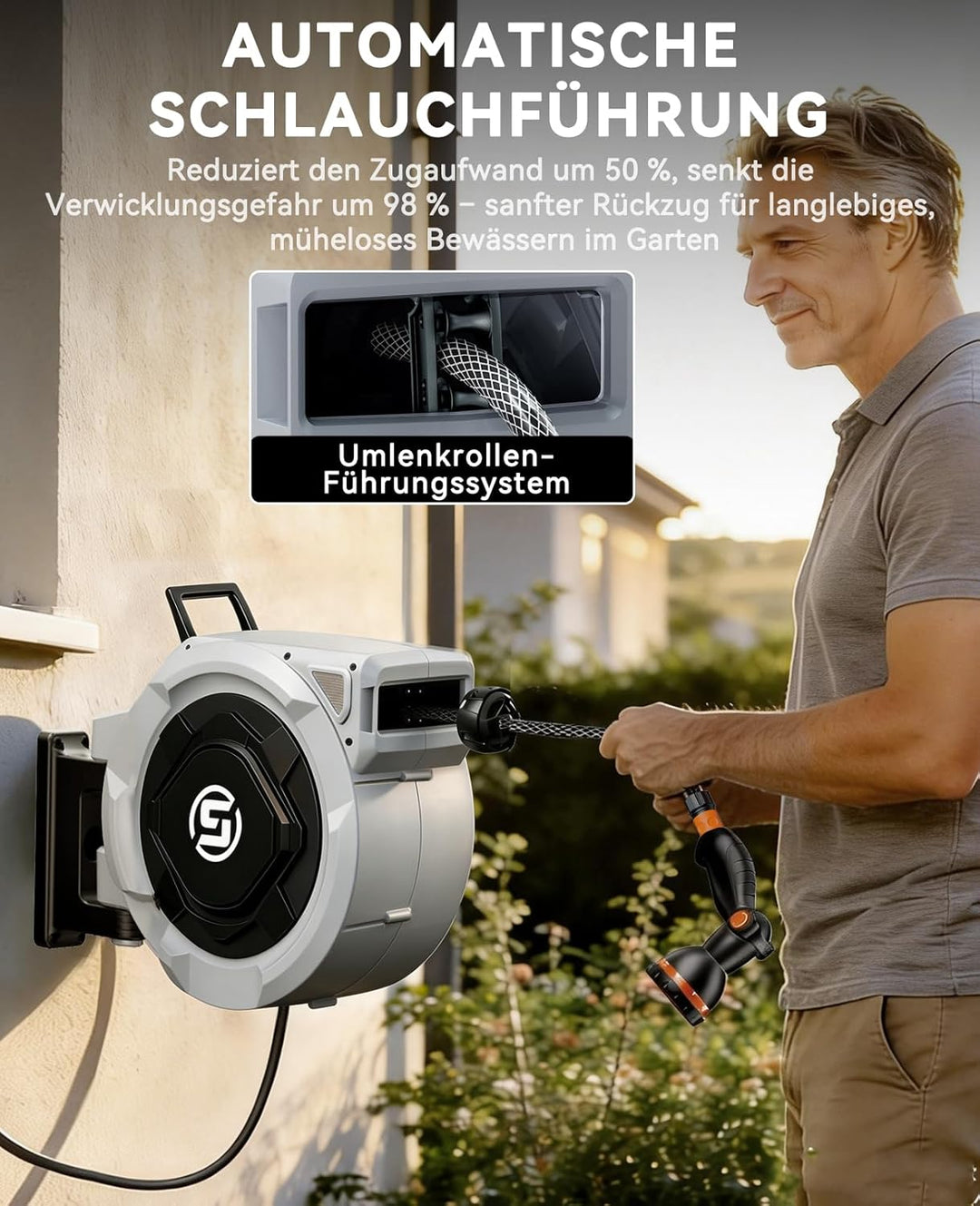 SUNPOW Schlauchtrommel Wandmontage 30m Gartenschlauch 16 mm – Automatischer Schlauchaufroller mit Ar