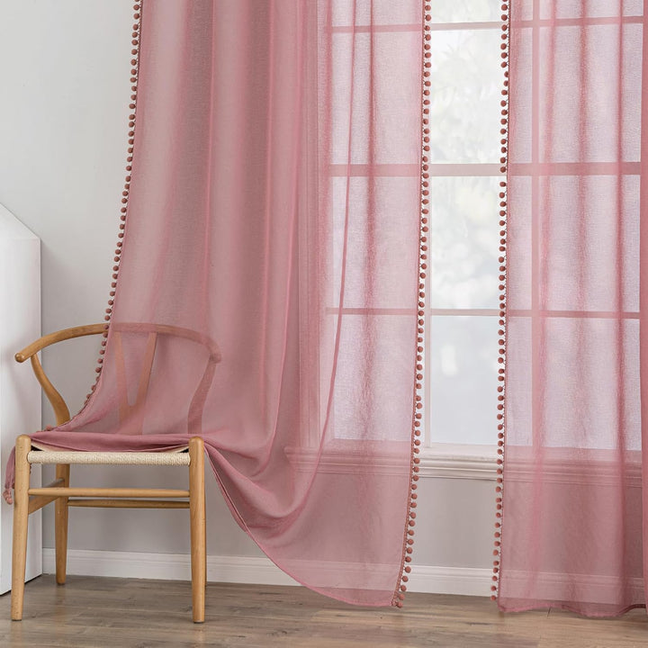 MIULEE Voile Gardine Pompons Stangendurchzug 2er Set B140 H145 Altrosa | Luftige Voile-Gardine mit P