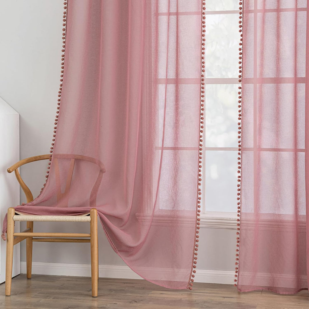 MIULEE Gardinen mit Pompons-Hübsche Altrosa Transparent Gardinen für Kinderzimmer Mädchen, 2 Stücke