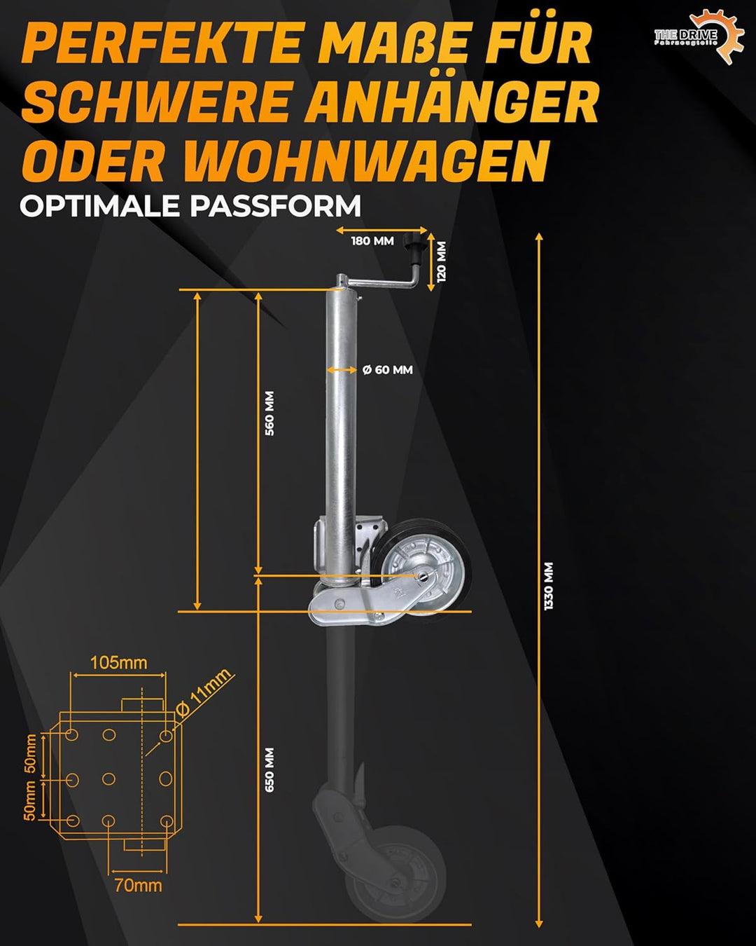 The Drive | Anhänger Stützrad 500KG | vollautomatik | Ø 60mm Rohr mit Anbauflansch | XL-Rohr 560mm |
